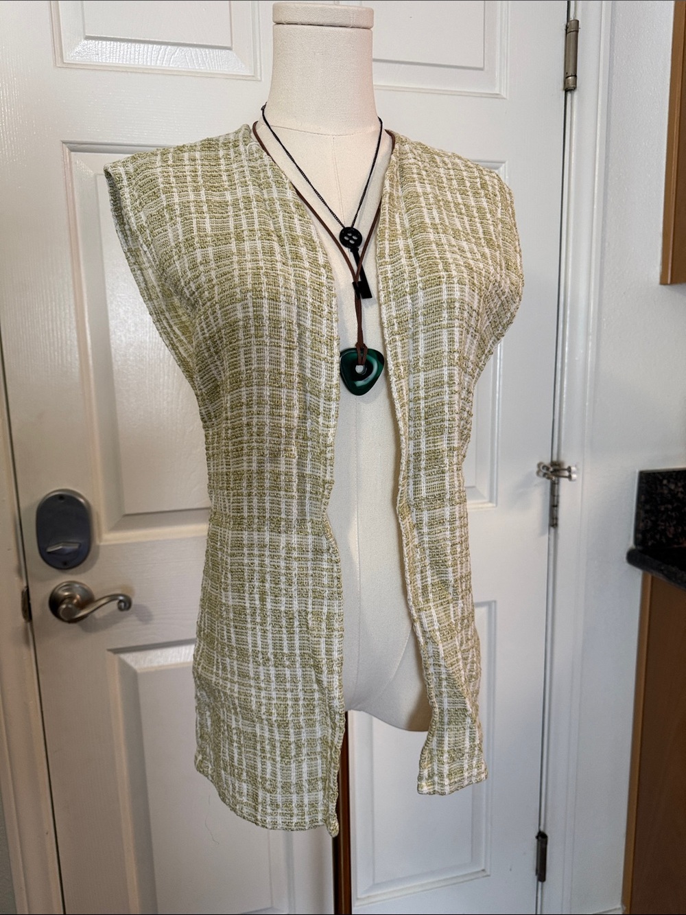 Open Front Textured Vest in Sage and Cream